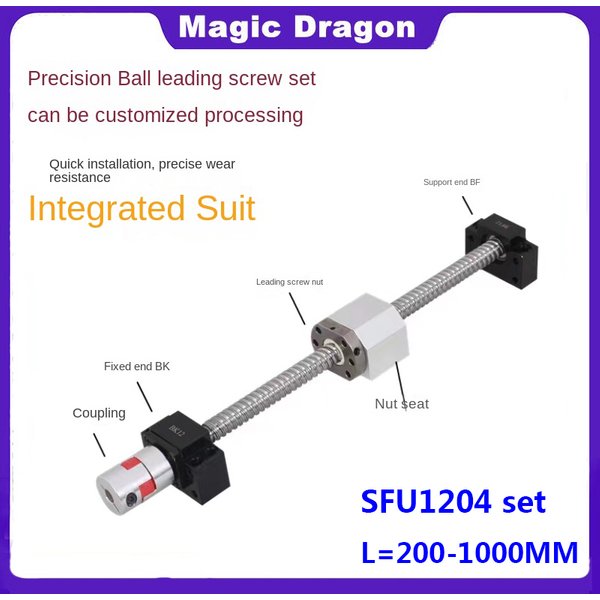 SFU1204 Kit RM1204 gerollte Kugelumlaufspindel C7 mit bearbeitetem Ende + 1204 Kugelmutter + Mutterngehäuse + BK/BF10 Endstütze + Kupplung für CNC-Teile