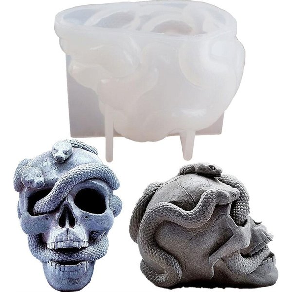 Skull Snake Head DIY Epoxy Resin Mold Double Snake Silicone Molds Halloween Haunted Horror House Desk Decor Candle Mold