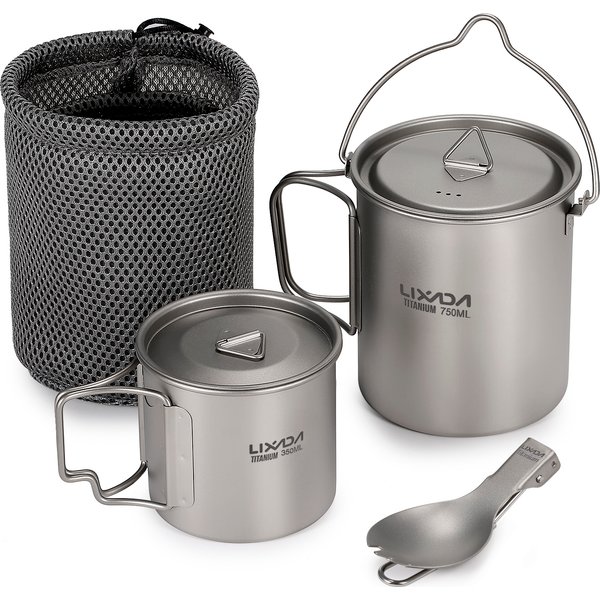 Lixada Titan-Tasse, Topf, Geschirr-Set, Outdoor-Camp, Titan, 750 ml Topf, 350 ml, Wasserbecher, Becher mit Deckel, zusammenklappbarer Griff, zusammenklappbarer Spork