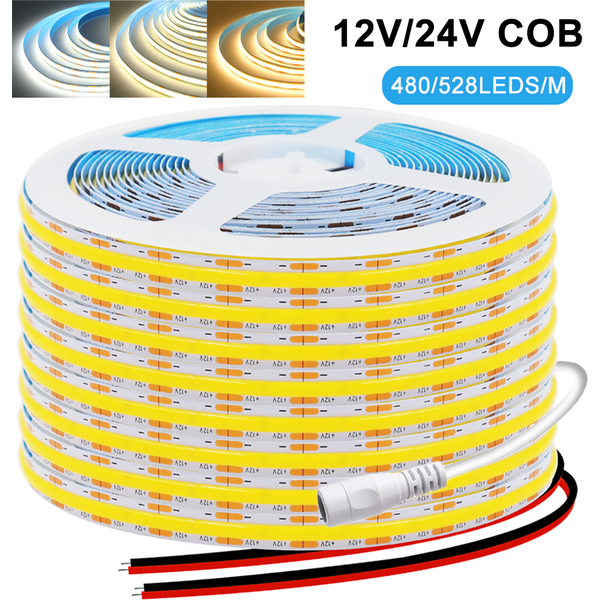 Bande lumineuse LED COB DC12V 24V, 480 528 diodes/m, ruban Flexible haute densité 8mm RA90 FOB, barre lumineuse LED 3000K 4000K 6000K
