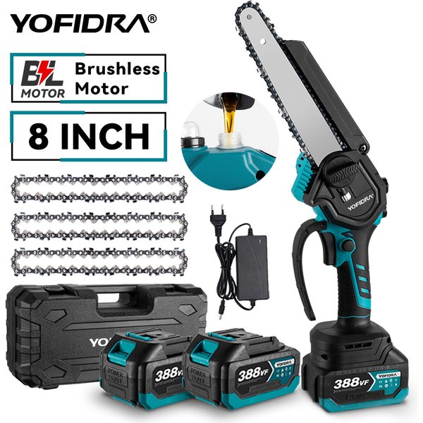 YOFIDRA 8 Zoll bürstenlose elektrische Kettensäge, kabelloses Beschneiden, Schneiden von Holz, Ast, Garten-Elektrowerkzeug für Makita 18 V Akku-Pin