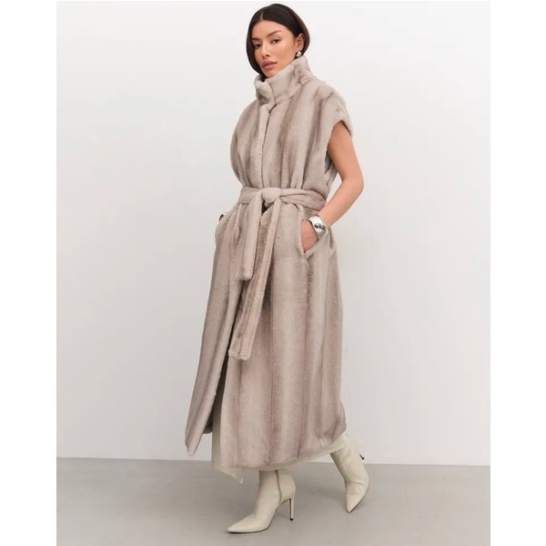 Women Winter Faux Fur Vest 2026 Warm Belted Long Plush Jacket Sleeveless High Collar Outerwear Elegant Coat