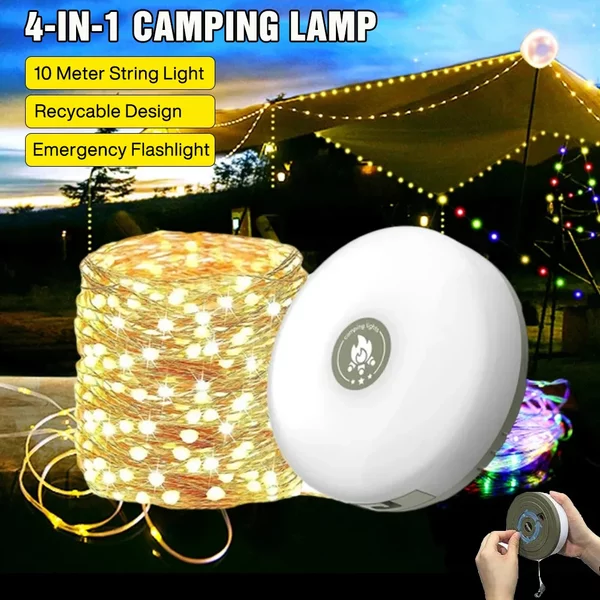 4 en 1 Camping lumière LED bobine chaîne lumières extérieure USB Camping lampe Recyclable LED veilleuse pour jardin tente chambre décor