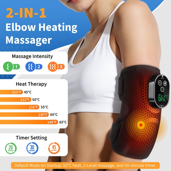 Attelle de coude chauffante électrique sans fil, 5 niveaux de compresse chaude, masseur vibrant pour le coude, le bras, les muscles et les articulations, pour le tennis et le sport
