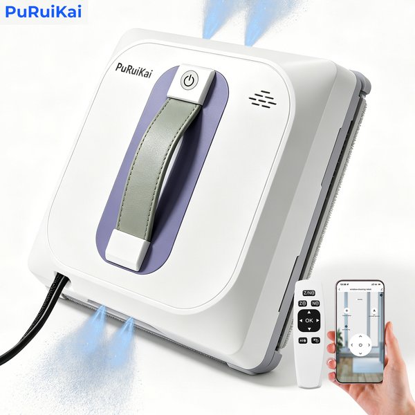Robot lave-vitres PuRuiKai 28, pulvérisation automatique à quatre buses, moteur sans balais, corde de sécurité de 5 m, détection sans cadre, nettoyage libre des vitres sans cadre