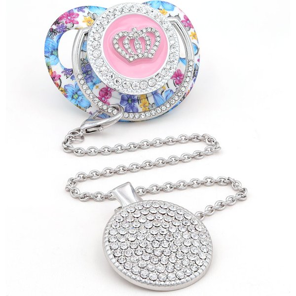 Attache sucette attache tetine pour bébés tétines et accessoires tetine bébé personnalisé Clip de sucette en couronne argentée, perles de sucette personnalisées scintillantes, porte-mamelon pour bébé