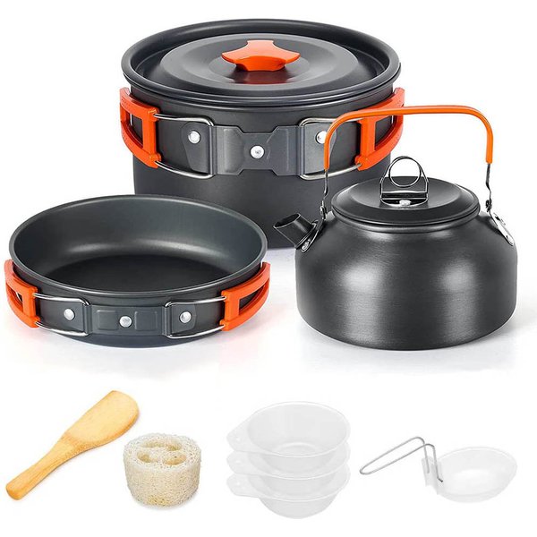 Aluminium Outdoor Camping Kochgeschirr Set mit Netzbeutel Klappkocher Set Camping Küche Kochen Teekanne und Pfannen Ausrüstung