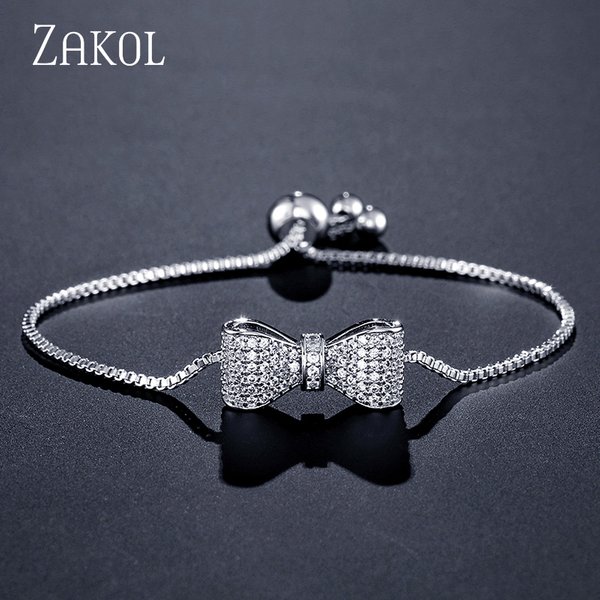 ZAKOL Fashion Bow Zirconia Crystal Adjustable Bracelet & Bangle for Women Brilliant CZ Party Jewelry