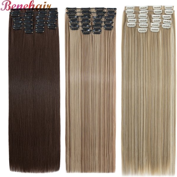 BENEHAIR 180g pince droite dans les extensions de cheveux 22 "12 pièces Extensions de cheveux pour les femmes pleine tête résistant à la chaleur postiche synthétique