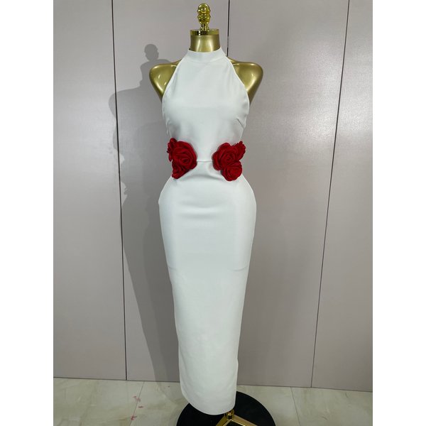High Quality Celebirty Elegant Evening Club Party Birthday Dress Women Sexy Backless Red Flower White Bodycon Long Bandage Dress