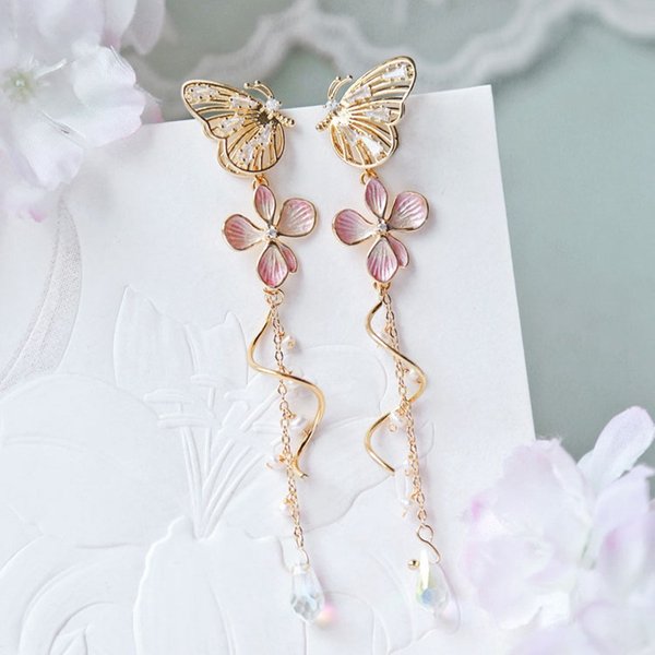 Boucles d'oreilles papillon coréennes élégantes pour femmes, cristal exquis, Zircon, Long pampille, fleur, goutte d'eau, bijoux de tempérament pour filles