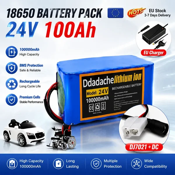 Polen-Lager 7S3P 24V 100Ah 18650 Wiederaufladbarer Lithium-Akku mit 29,4V 2A Ladegerät für E-Bike, Elektro-Moped, Roller, Ersatzakku