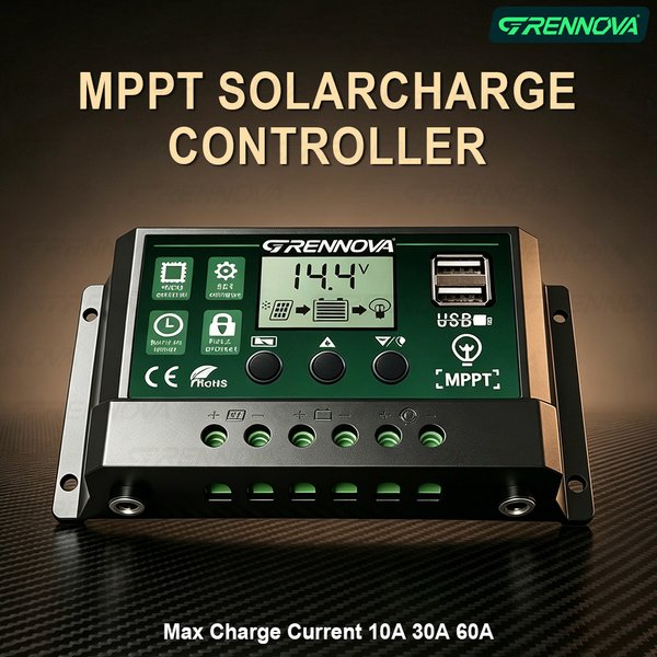 Kontroler ładowania solarnego MPPT GRENNOVA 10A/30A/60A — 12V/24V Auto z wejściem i wyjściem DC, kompatybilny z różnymi typami akumulatorów.