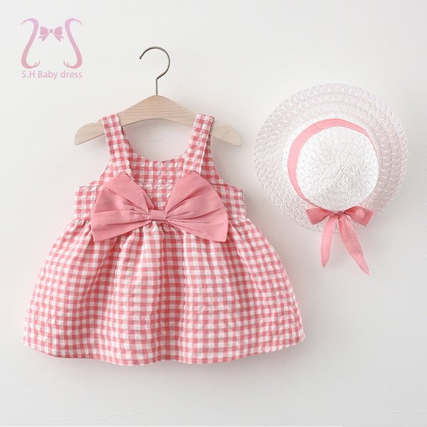 2 Teile/satz Baby Mädchen Plaid Süße Bogen Sommer Geburtstag Party Kleid Kleinkind Kinder Outfits 0 Zu 3 Jahre Kinder Kleidung anzug + Hut