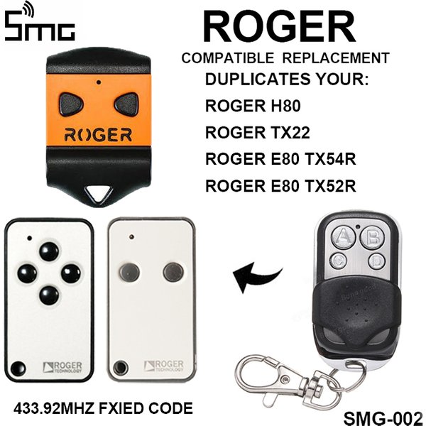 ROGER H80 TX22 E80 TX54R TX52R M80 TX44R Télécommande pour porte de garage Barrière Contrôle de portail ROGER Télécommande 433.92Mhz