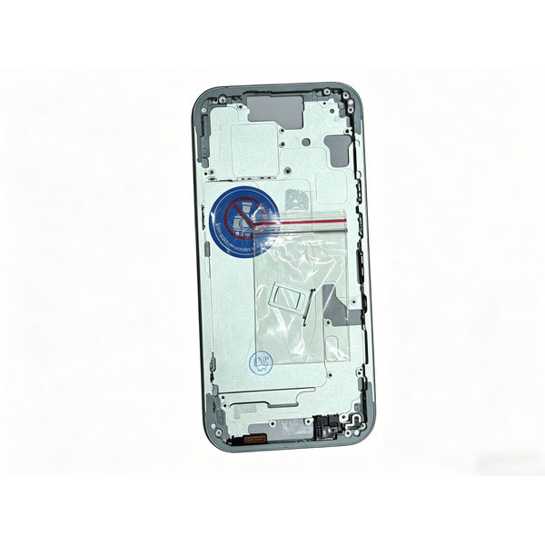 Vormontierter Mittelrahmen für iPhone 15, mit Tasten + Ladeanschluss-Netz + Bildschirmhalterungen, Rückglas nicht enthalten