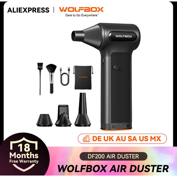 WOLFBOX DF200 Tragbarer Lüfter-Staubentferner Luftgebläse 320g Winddruck Abnehmbarer Akku für Auto/Zuhause/Outdoor