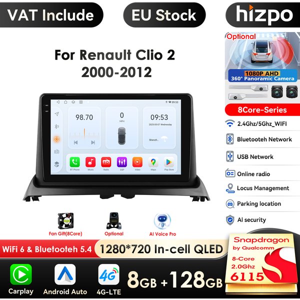 Hizpo 9 Zoll drahtloses Carplay Android Auto Auto Multimedia-Player für Renault Clio 2 360-Carplay 4g Autoradio ° Kamera