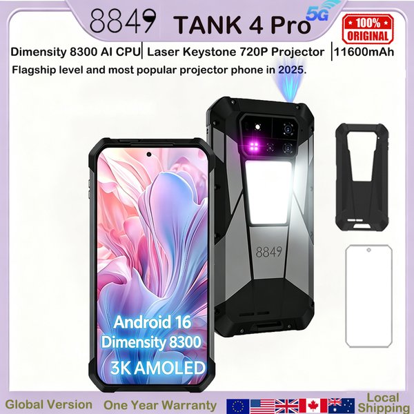 8849 Tank 4 Pro Unihertz 5G Robustes Projektor-Smartphone 1TB 36G Android 16 Sport-Handy 11600mAh Dimensity 8300 AMOLED 120HZ