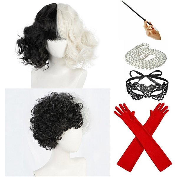 CRUELLA Deville De Vil noir blanc avec frange courte Bob résistant à la chaleur perruque De cheveux Cosplay Halloween Costume fête perruque + bonnet De perruque
