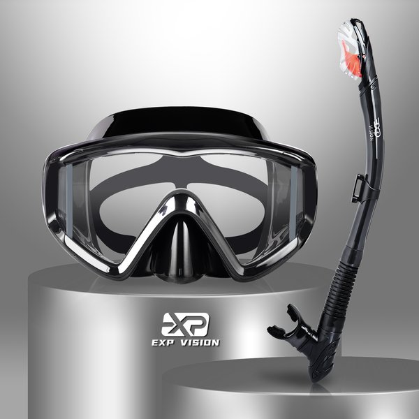 Ensemble de tuba sec, masque de plongée à 3 fenêtres Pano, lunettes et tuba de plongée sous-marine antibuée, masque de natation de plongée en apnée pour adultes avec lentille PC