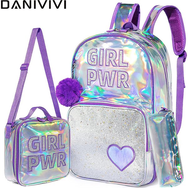 New School Backpack Girls 16 Inch Girls Backpack Sequin Backpack with Lunch Box Backpack Women Girls School Supplies Set Bags