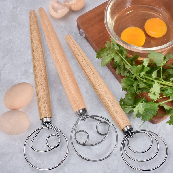 Fouet à pâte danois en acier inoxydable, mélangeur à main, batteur à œufs, Bar à piquer, pâtisserie avec manche en bois, outils de cuisson