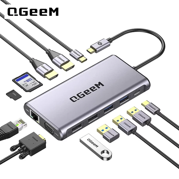 QGeeM USB C Hub für Macbook Pro Air Xiaomi Triple Display Typ C Hub für 4K Dual HDMI VGA Micro SD Kartenleser RJ45 PD Ladegerät OTG Multi USB Hub Typ C Dock 3.0 Adapter Splitter für Notebook Laptops