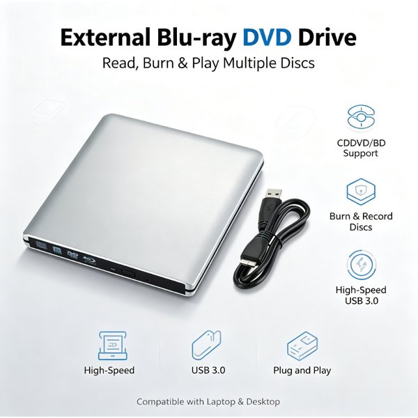 Neues, ultraflaches externes optisches Laufwerk mit 4K-Blu-Ray-Brennfunktion, USB 3.0, DVD-Wiedergabe, 3D-Blu-Ray-Lese-/Schreibfunktion, CD/DVD-Brenner – Neu