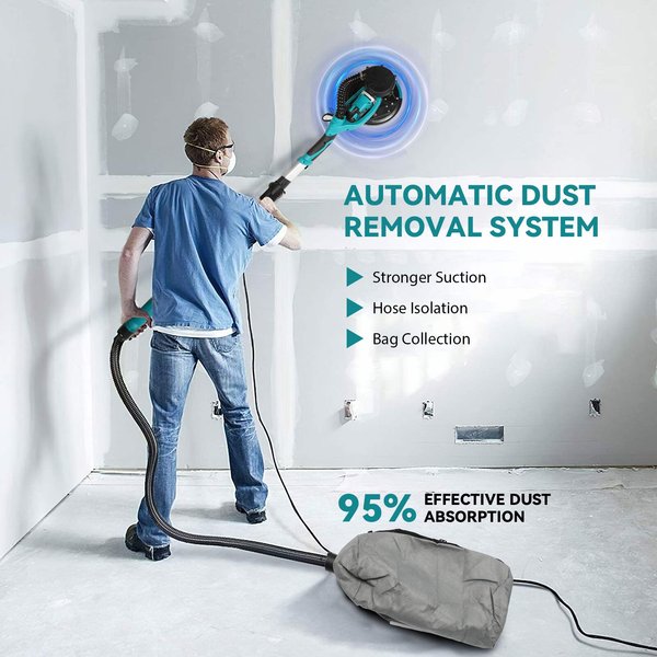 1250-W-Elektro-Trockenbauschleifer mit integriertem Staubabsaugsystem, LED-Leiste, 5-stufig verstellbarem, klappbarem und ausziehbarem Griff zum Schleifen von Wänden, Decken und Böden.