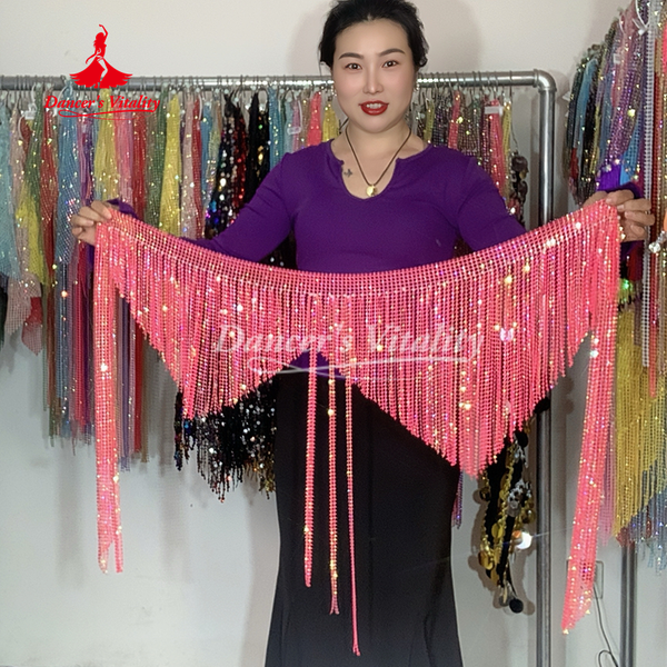 Ceinture d'entraînement de danse du ventre pour femmes âgées, pierres AB, pompon triangulaire, écharpe de hanche pour filles, accessoires de danse orientale