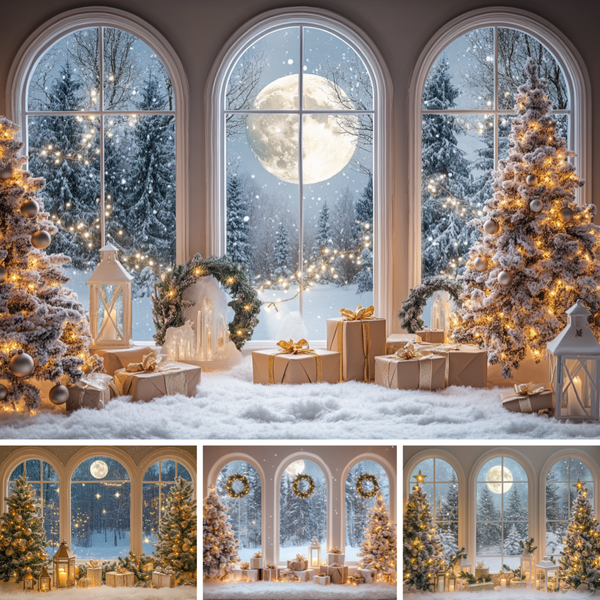 Toile de fond de Noël pour fenêtre, avec lune pleine, forêt enneigée, sapin de Noël, couronne, lanterne, boîte cadeau, pour portrait d'hiver, accessoire de studio