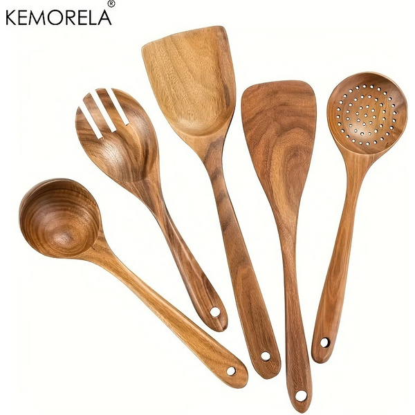Ensemble d'ustensiles de cuisine en bois naturel, cuillère en bois, écumoire à soupe, spatule de cuisine, longue passoire, QueHome, 5 pièces