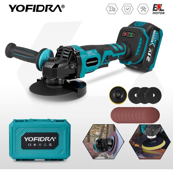 YOFIDRA 3-biegowa 125MM Bezszczotkowa Elektryczna Szlifierka Kątowa Akumulatorowa Polerka Frezarka Narzędzie do Obróbki Drewna Kompatybilne z Akumulatorami Makita 21V 18V