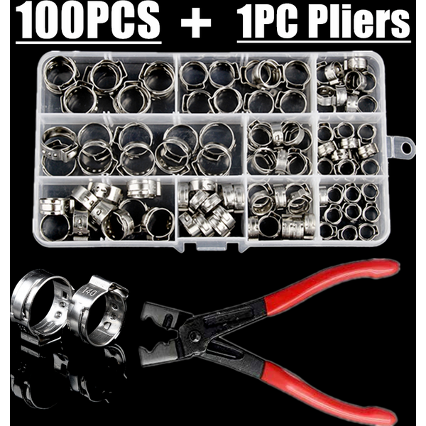 100 Stück verpackte Edelstahl-Einzelohr-Reifen-Kombination + Schraubstock-Klemmringe, Crimp-Klemmen-Set, Zange, Holzbearbeitungsklemmen