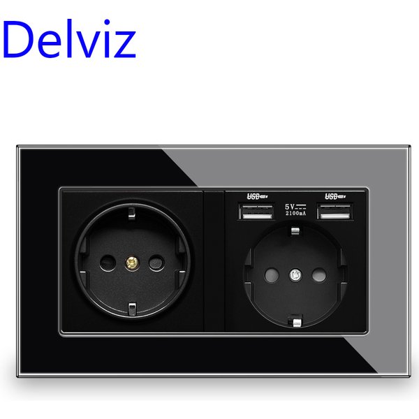 Delviz Kristallglas-USB-Steckdose, 146mm*86mm Schwarzes Panel, Elektrische Steckdose mit 2A USB-Anschlüssen, 16A Doppelsteckdose für die Wand