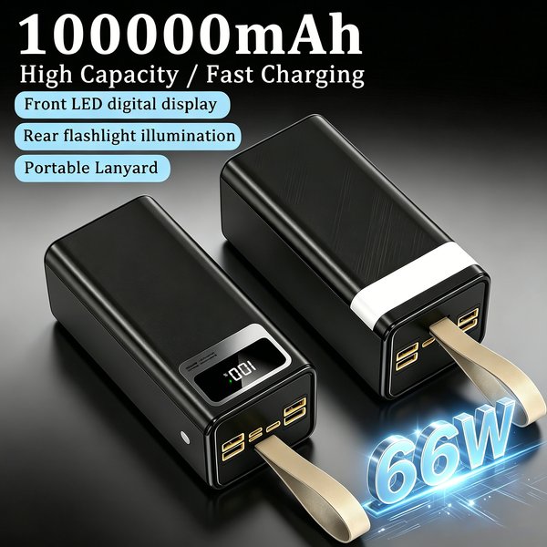 InTessry 100000mAh Powerbank, 66W Superschnelles Laden, Tragbares Ladegerät, Smart LED-Digitalanzeige, Lederband, Eingebaute Taschenlampe, Unterstützung für Mehrgeräte-Ladung, Geeignet für iPhone,