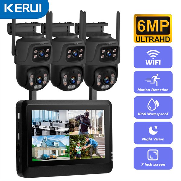 KERUI Wireless 6MP Dual Lens WIFI IP Caméra 8CH NVR 7 pouces LCD Écran Enregistreur vidéo Système de caméra de sécurité à domicile Surveillance