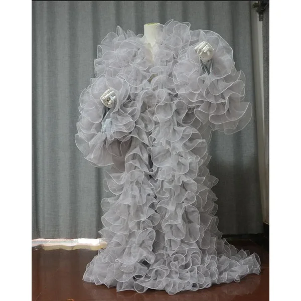 Veste en organza argenté pour femme, manches longues, robes à volants, longueur au sol, robe longue pour séance photo, couleur de taille personnalisée, magnifique