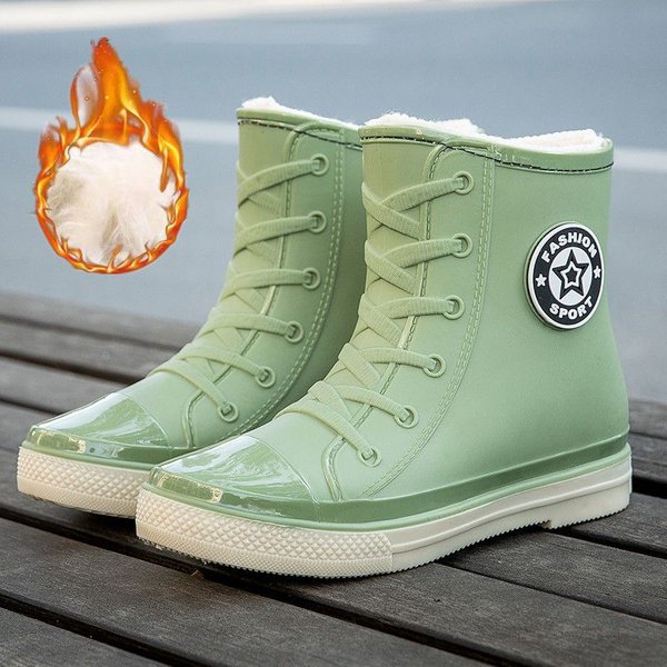 Nouveau concepteur mi-mollet bottes de pluie femmes vert chaussures imperméables pour les jours de pluie dames rose fourrure caoutchouc chaussures de pluie femme Galoches
