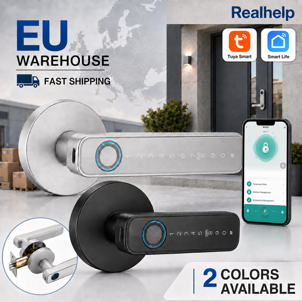 Smart Door Handle Lock with Tuya App Fingerprint PIN RFID Card Mechanical Key Temporary Code for Home Apartment Office
