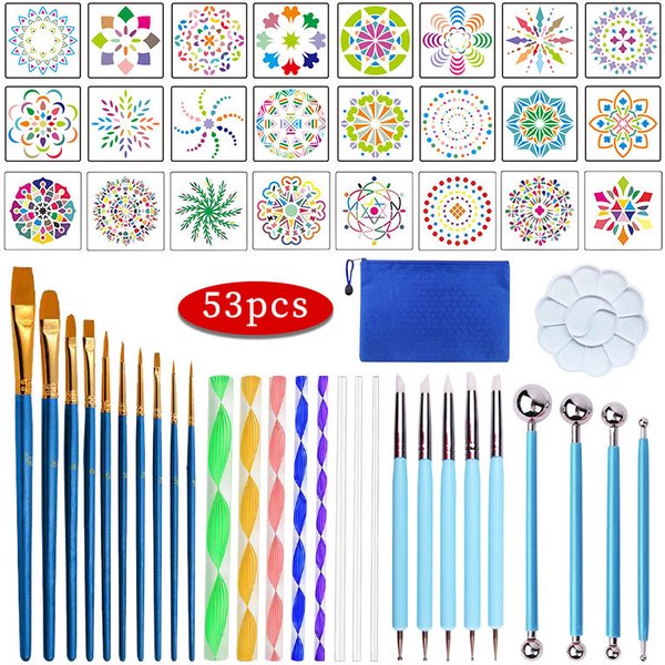 53/35pcs DIY Stone Mandala Dotting Tools for Painting Rock Stone Pen Embossing Starter Drawing Stencil Template Brush Tray Kit