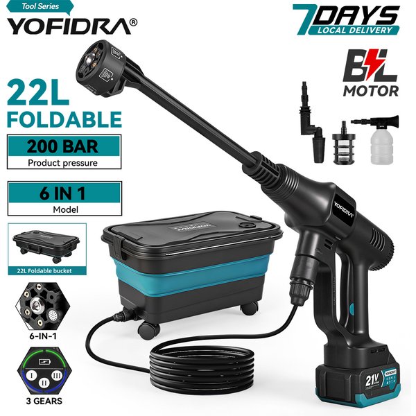 YOFIDRA 6-in-1 200 Bar Bürstenloser Hochdruck-Autowascher Wasserpistole Reinigungs-Sprühpistole Gartenwerkzeug für Makita 21V Akku