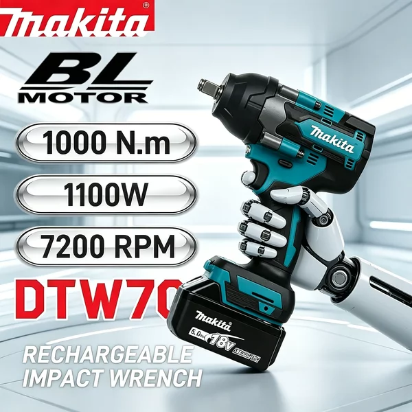 Makita Elektrischer Schraubenschlüssel DTW700 Akku Bürstenlos Multifunktional Wiederaufladbar 18V Lithium-Akku Autoreparatur Hochdrehmoment-Schlagschrauber