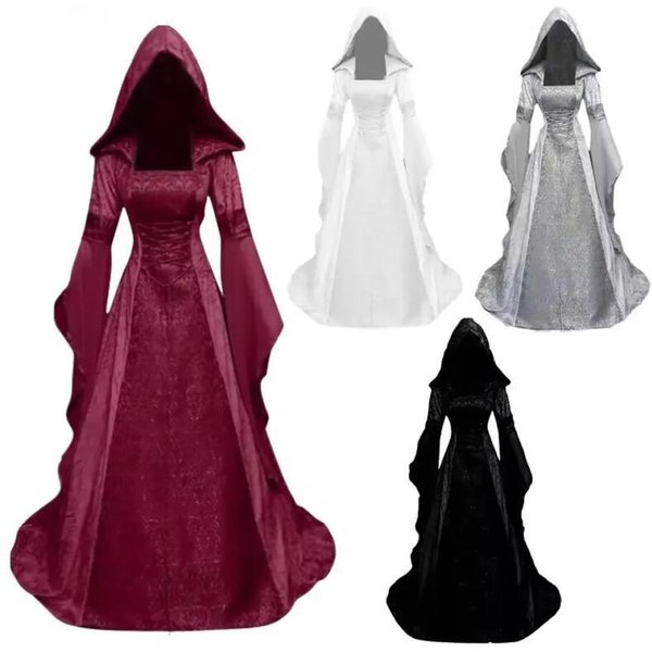 Halloween-Karneval Pagan-Hexe Cosplay-Kleid Vintage Renaissance Deluxe Kapuzen-Maxikleid mit Schleppe Mittelalterliche Lange Robe für Hochzeitsthemen