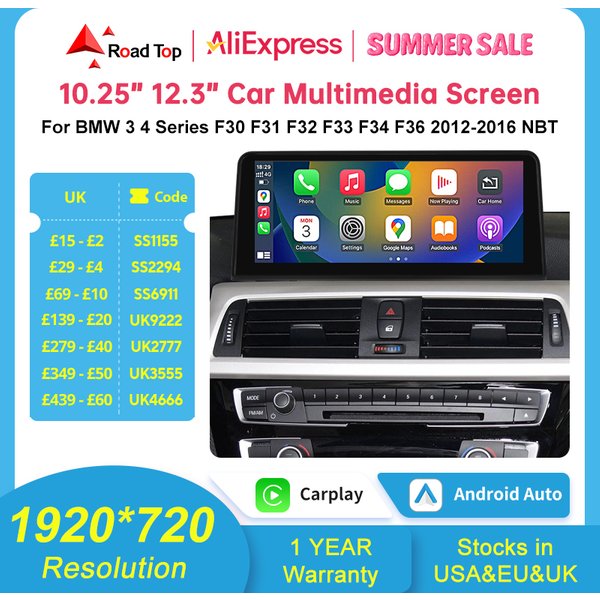 10,25 ''1920*720 Drahtlose Carplay Android Auto Multimedia Display Für BMW 3 4 Serie F30 F31 F32 f33 F34 F36 NBT Touchscreen