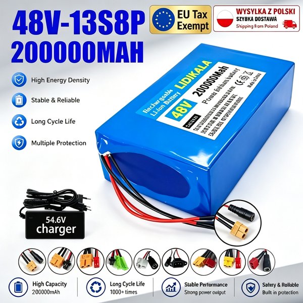 13S8P 48V 200Ah, mit integriertem 50A BMS, brandneuer wiederaufladbarer 18650 Lithium-Ionen-Akku, 54,6V-2A-Ladegerät, geeignet für 250–1000W Motoren