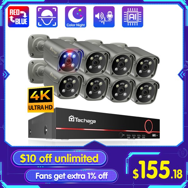 Techage H.265 8CH 5MP 8MP 4K POE Kamerasystem AI Vollfarb-Nachtsicht-Gesichtserkennung CCTV Video Security Surveillance Kits