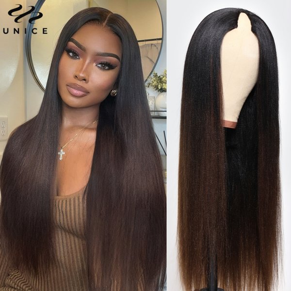 UNice cheveux châtain brun Yaki droite V partie perruque avec cordon invisible protection perruque de cheveux humains 150% densité