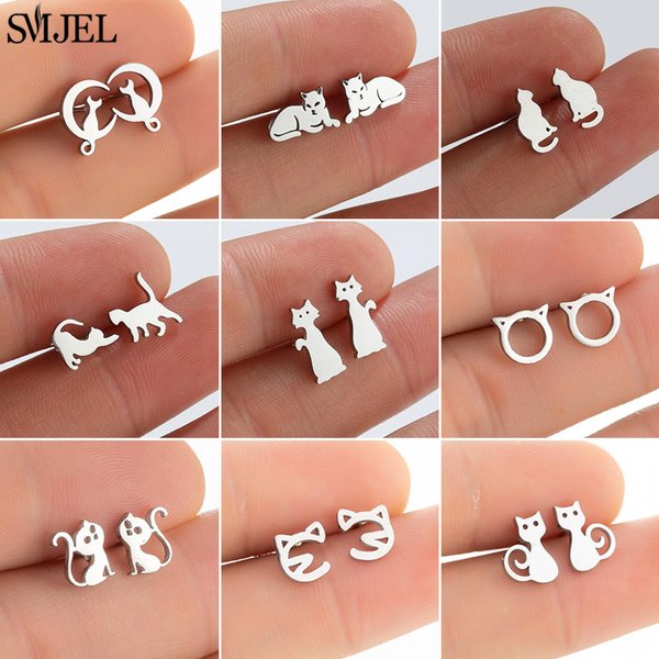 Lovely Moon Cat Earrings for Women Multiple Mini Stainless Steel Stud Earring Animal Kitten Jewelry Girls Boucle D'Oreille